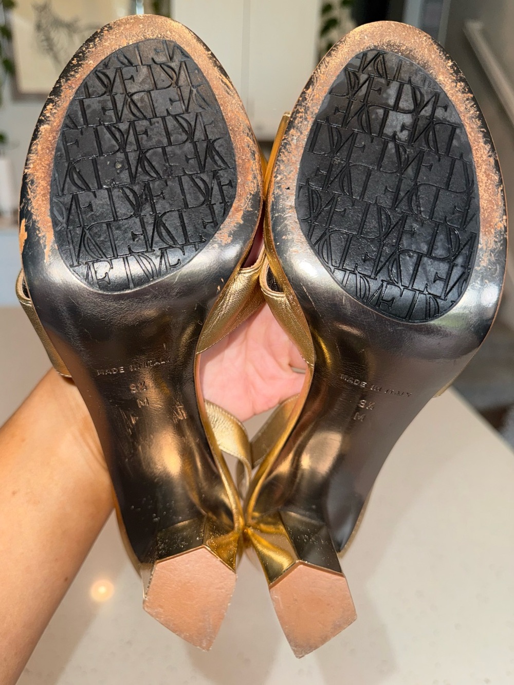 Diane Von Furstenberg Metallic Gold Crisscross Slingback Heels - Picture 7 of 11